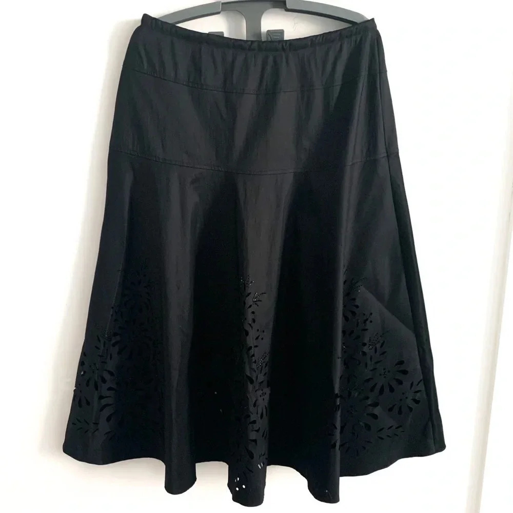 Black Midi Skirt Size 10 Floral Lace Hem beaded Fairy Grunge indie dark Romantic